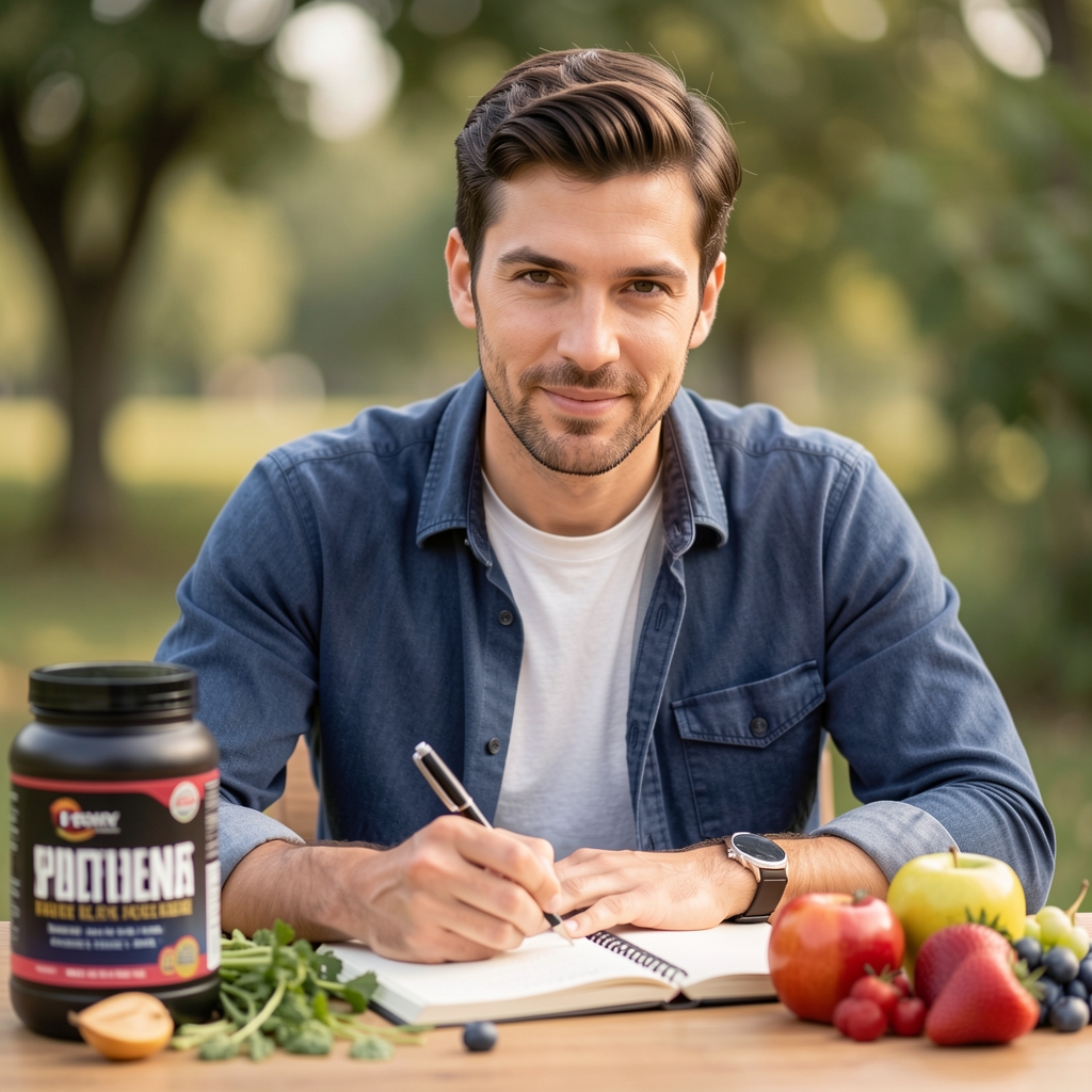 Man journalling at a desk with protein powder and whole foods nearby, soft daylight, editorial portrait composition